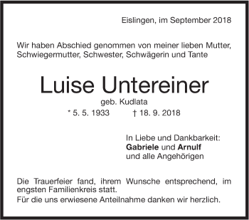 Traueranzeige von Luise Untereiner von NWZ Neue Württembergische Zeitung