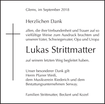 Traueranzeige von Lukas Strittmatter von Metzinger-Uracher Volksblatt