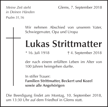 Traueranzeige von Lukas Strittmatter von Metzinger-Uracher Volksblatt