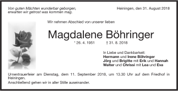 Traueranzeige von Magdalene Böhringer von NWZ Neue Württembergische Zeitung