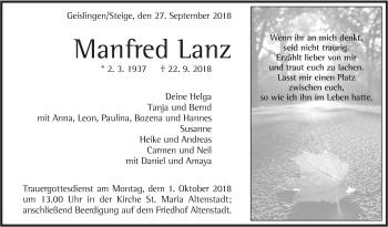 Traueranzeige von Manfred Lanz von Geislinger Zeitung