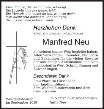 Traueranzeige von Manfred Neu von Hohenloher Tagblatt