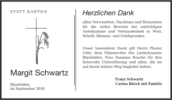 Traueranzeige von Margit Schwartz von Hohenloher Tagblatt