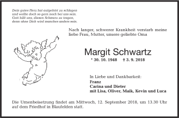 Traueranzeige von Margit Schwartz von Hohenloher Tagblatt