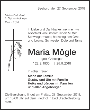 Traueranzeige von Maria Mögle von Metzinger-Uracher Volksblatt