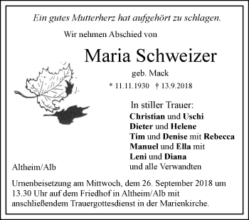 Traueranzeige von Maria Schweizer von SÜDWEST PRESSE Ausgabe Ulm/Neu-Ulm