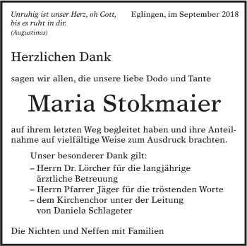 Traueranzeige von Maria Stokmaier von Alb-Bote/Metzinger-Uracher Volksblatt