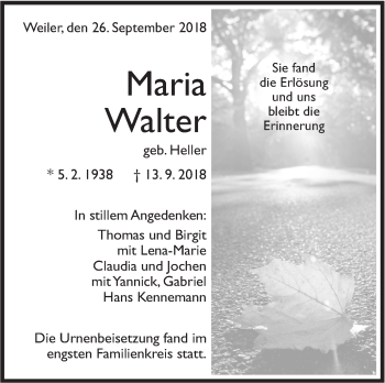 Traueranzeige von Maria Walter von Geislinger Zeitung