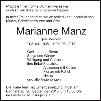 Traueranzeige von Marianne Manz von Alb-Bote/Metzinger-Uracher Volksblatt