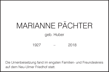 Traueranzeige von Marianne Pächter von SÜDWEST PRESSE Ausgabe Ulm/Neu-Ulm