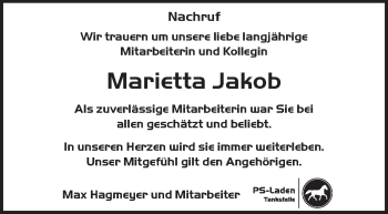 Traueranzeige von Marietta Jakob von Geislinger Zeitung