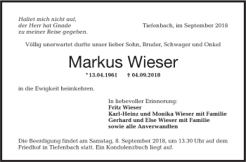 Traueranzeige von Markus Wieser von Hohenloher Tagblatt