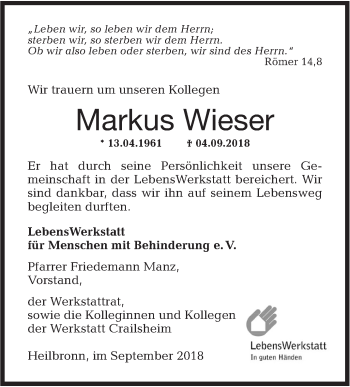 Traueranzeige von Markus Wieser von Hohenloher Tagblatt