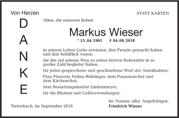 Traueranzeige von Markus Wieser von Hohenloher Tagblatt