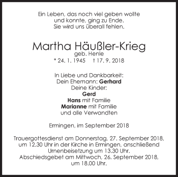 Traueranzeige von Martha Häußler-Krieg von SÜDWEST PRESSE Ausgabe Ulm/Neu-Ulm