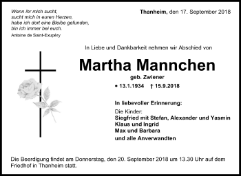 Traueranzeige von Martha Mannchen von Hohenzollerische Zeitung