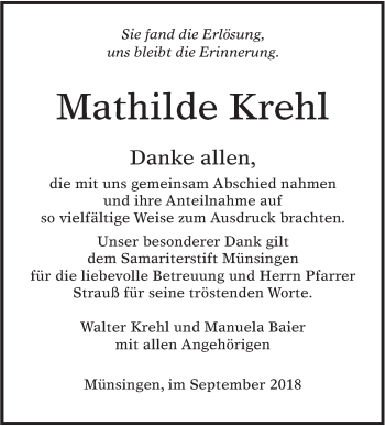 Traueranzeige von Mathilde Krehl von Alb-Bote/Metzinger-Uracher Volksblatt