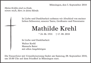 Traueranzeige von Mathilde Krehl von Alb-Bote/Metzinger-Uracher Volksblatt