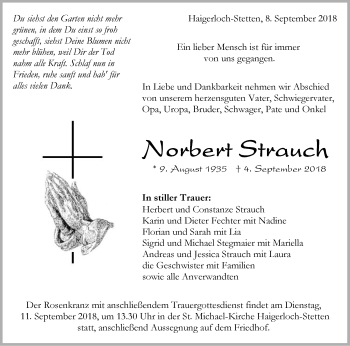 Traueranzeige von Norbert Strauch von Hohenzollerische Zeitung