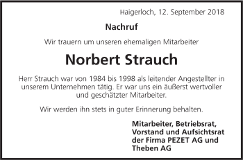 Traueranzeige von Norbert Strauch von Hohenzollerische Zeitung