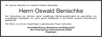 Traueranzeige von Oswald Benischke von NWZ Neue Württembergische Zeitung