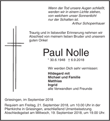 Traueranzeige von Paul Nolle von Ehinger Tagblatt