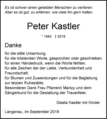 Traueranzeige von Peter Kastler von SÜDWEST PRESSE Ausgabe Ulm/Neu-Ulm