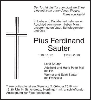 Traueranzeige von Pius Ferdinand Sauter von SÜDWEST PRESSE Ausgabe Ulm/Neu-Ulm