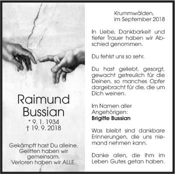 Traueranzeige von Raimund Bussian von NWZ Neue Württembergische Zeitung