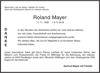 Traueranzeige von Roland Mayer von Metzinger-Uracher Volksblatt