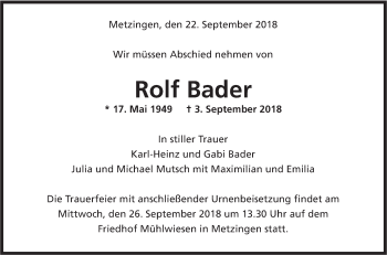 Traueranzeige von Rolf Bader von Metzinger-Uracher Volksblatt