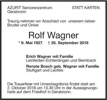 Traueranzeige von Rolf Wagner  von Hohenloher Tagblatt