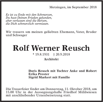 Traueranzeige von Rolf Werner Reusch von Metzinger-Uracher Volksblatt