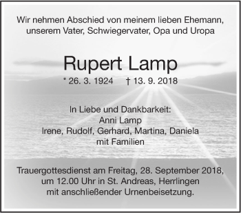 Traueranzeige von Rupert Lamp von SÜDWEST PRESSE Ausgabe Ulm/Neu-Ulm