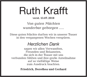 Traueranzeige von Ruth Krafft von Hohenloher Tagblatt