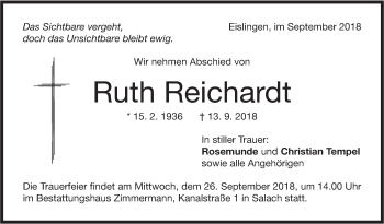 Traueranzeige von Ruth Reichardt von NWZ Neue Württembergische Zeitung