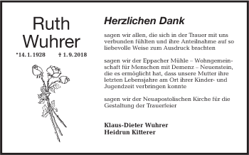 Traueranzeige von Ruth Wuhrer von Haller Tagblatt