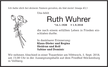 Traueranzeige von Ruth Wuhrer von Haller Tagblatt