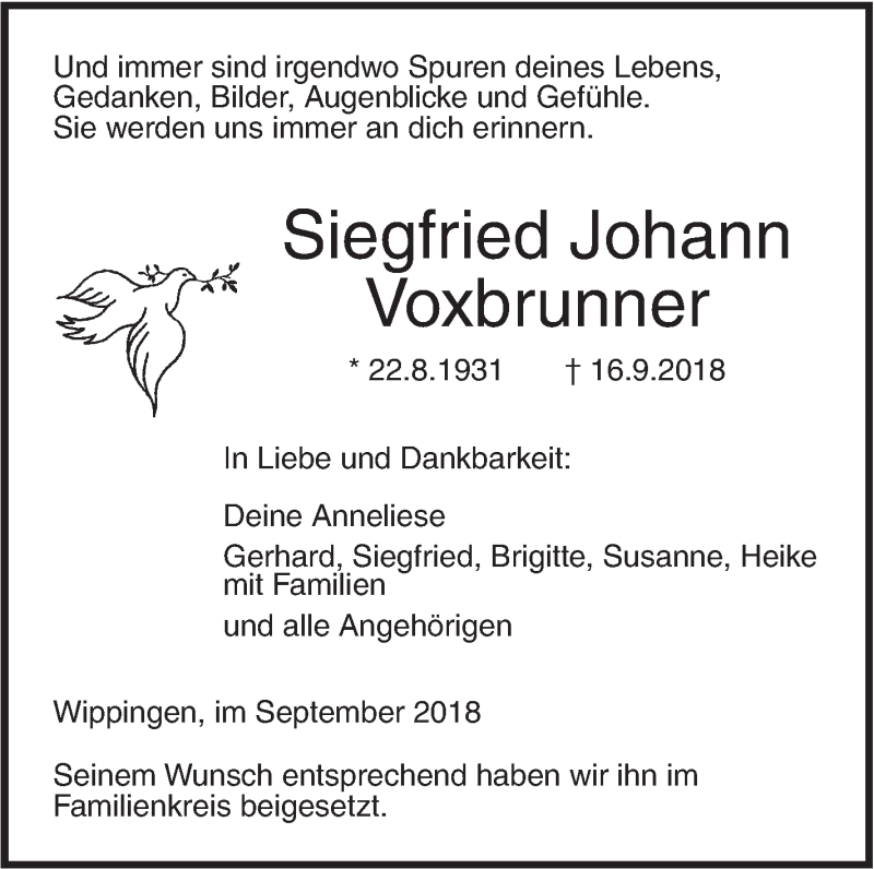  Traueranzeige für Siegfried Johann Voxbrunner vom 28.09.2018 aus SÜDWEST PRESSE Ausgabe Ulm/Neu-Ulm