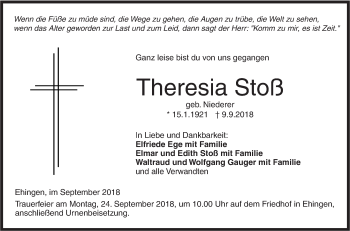 Traueranzeige von Theresia Stoß von Ehinger Tagblatt