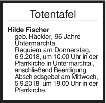 Traueranzeige von Totentafel vom 04.09.2018 von Ehinger Tagblatt