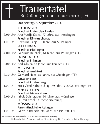 Traueranzeige von Totentafel vom 06.09.2018 von Metzinger-Uracher Volksblatt