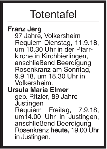 Traueranzeige von Totentafel vom 06.09.2018 von Ehinger Tagblatt