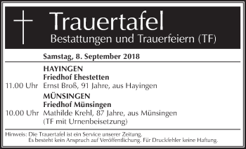 Traueranzeige von Totentafel vom 08.09.2018 von Metzinger-Uracher Volksblatt