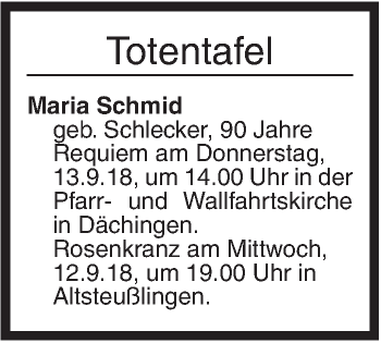 Traueranzeige von Totentafel vom 10.09.2018 von Ehinger Tagblatt