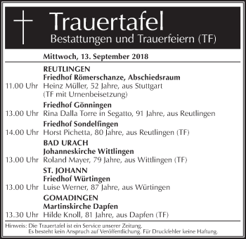 Traueranzeige von Totentafel vom 13.09.2018 von Metzinger-Uracher Volksblatt