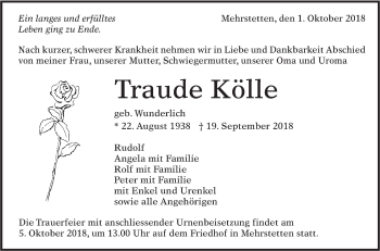 Traueranzeige von Traude Kölle von Alb-Bote/Metzinger-Uracher Volksblatt