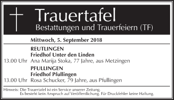 Traueranzeige von Trauertafel vom 05.09.2018 von Metzinger-Uracher Volksblatt