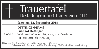 Traueranzeige von Trauertafel vom 22.09.2018 von Metzinger-Uracher Volksblatt