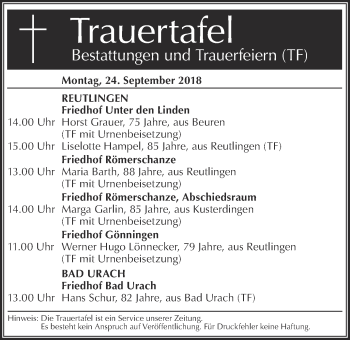 Traueranzeige von Trauertafel vom 24.09.2018 von Metzinger-Uracher Volksblatt